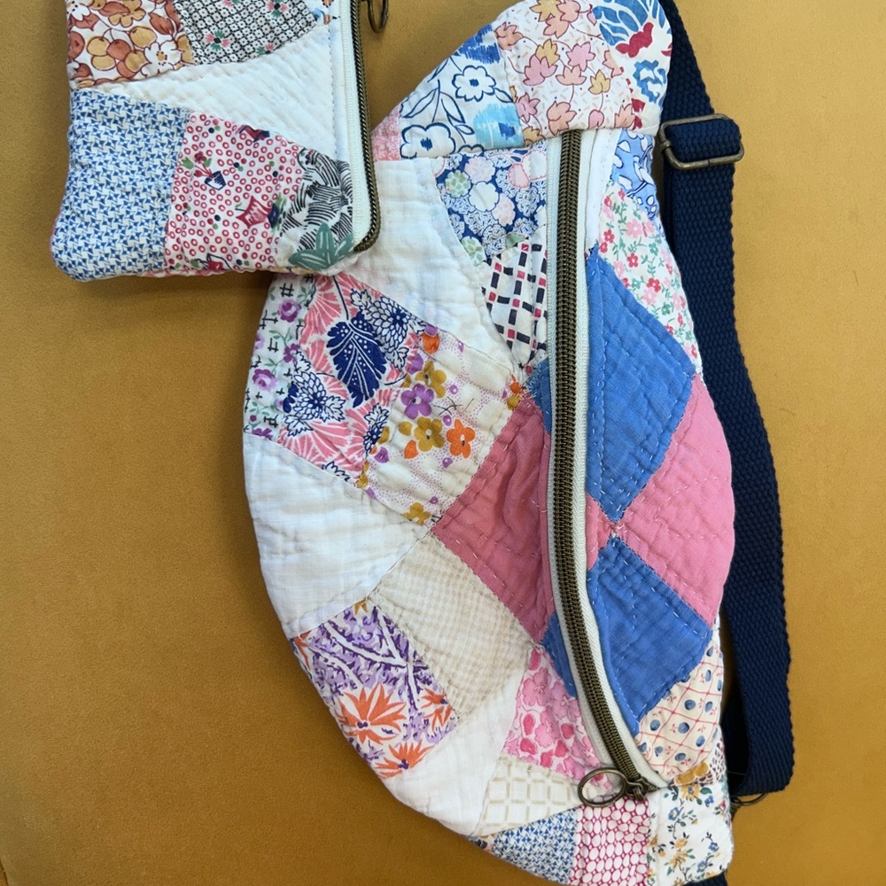 Hand Crafted Patchwork Quilted Crossbody Bag in Pink, Blue & White